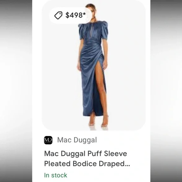 Mac Duggal Silky Pleated Maxi Dress Puff Sleeve Draped Slit Wedding Guest - Picture 12 of 12